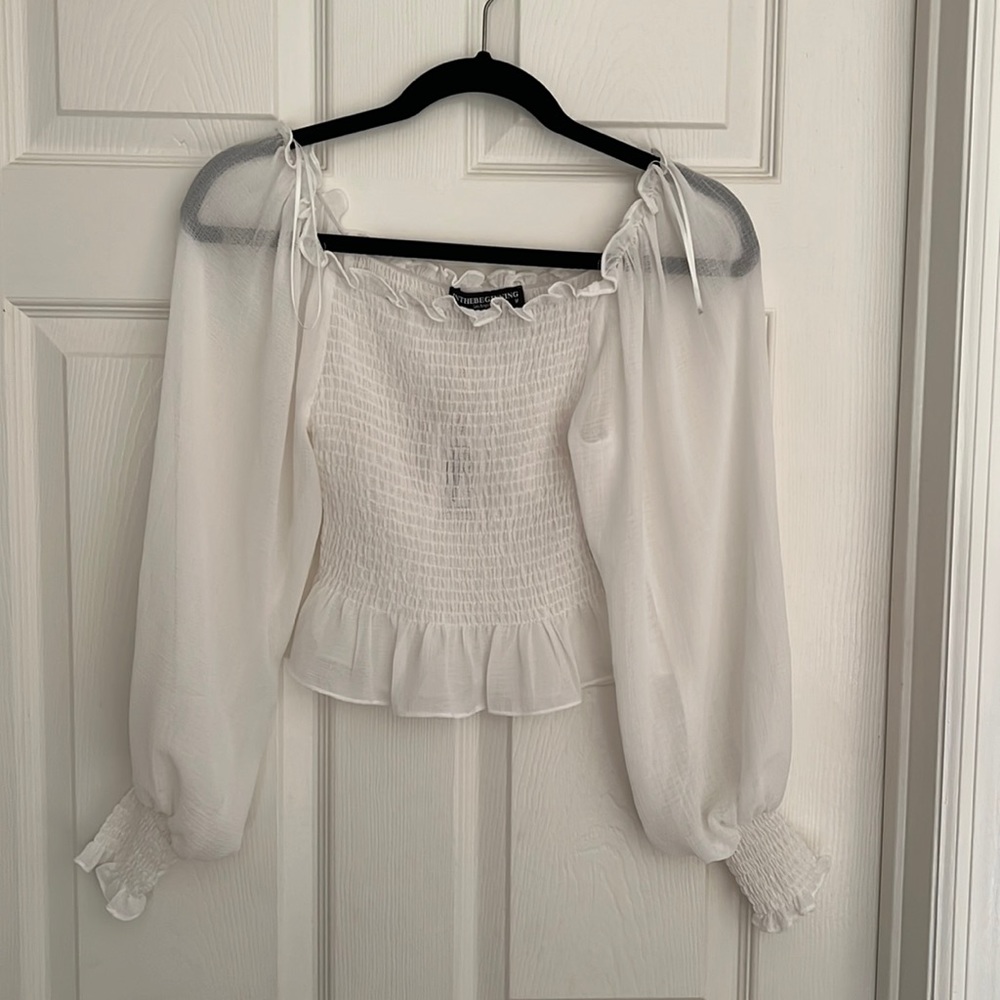 In The Beginning brand white blouse with square neck and rouched body